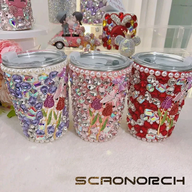 

Роскошная Алмазная соломенная чашка SCAONORCH 350 мл/500 мл, блестящая бутылка для воды из нержавеющей стали, кружка для кофе, кружка, вакуумные изолированные фляжки, подарок