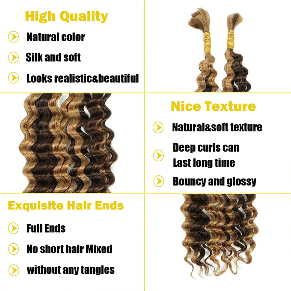 26 28 Inches Deep Wave Highlight Ombre Bulk Human Hair For Braiding No Weft 100% Virgin Hair Curly Extensions For Boho Braids