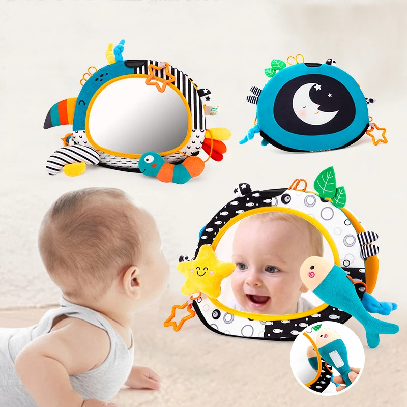 Baby Car Mirror Back Seat Rear View Mirror Cartoon Animal Plush Toys Adjustable Rear Facing Mirrors for Baby Stroller Toys