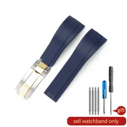 Premium Stainless Steel Butterfly Buckle Rubber Watchband in Striking Green and Black - 20mm (Blue - Steel Gold - Z9)