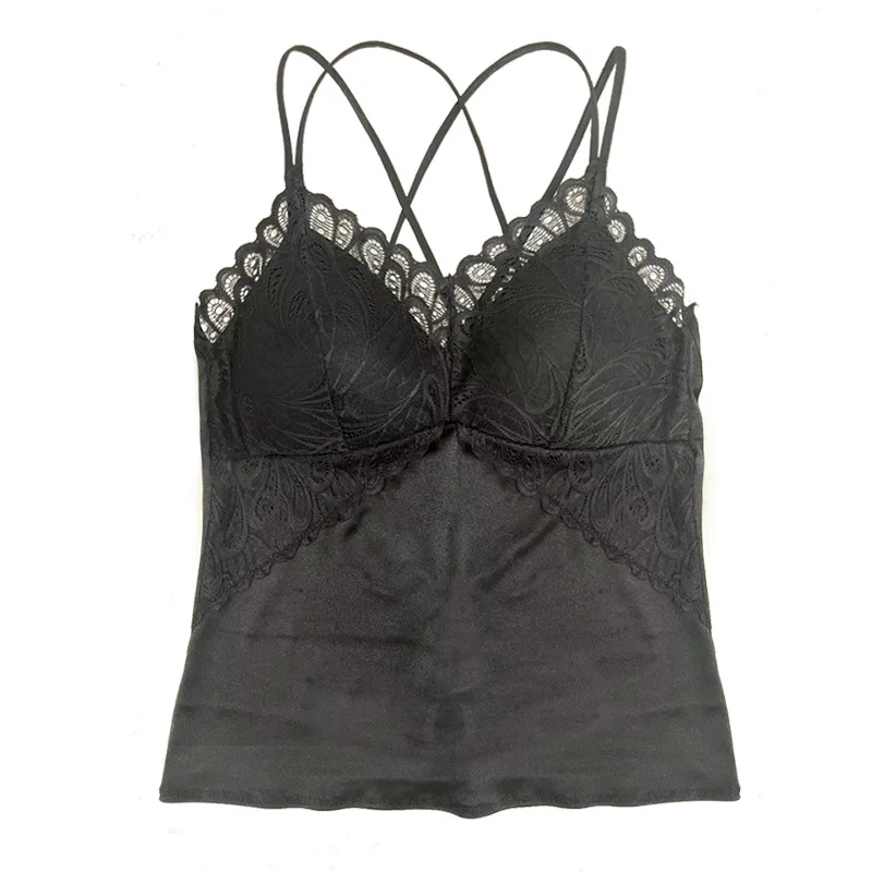 2022 Plus Size Women's Vest Suspenders Beautiful Back Lace Top Solid Color Tank Top With Built in Bra Comfortabler Camisole Vest
