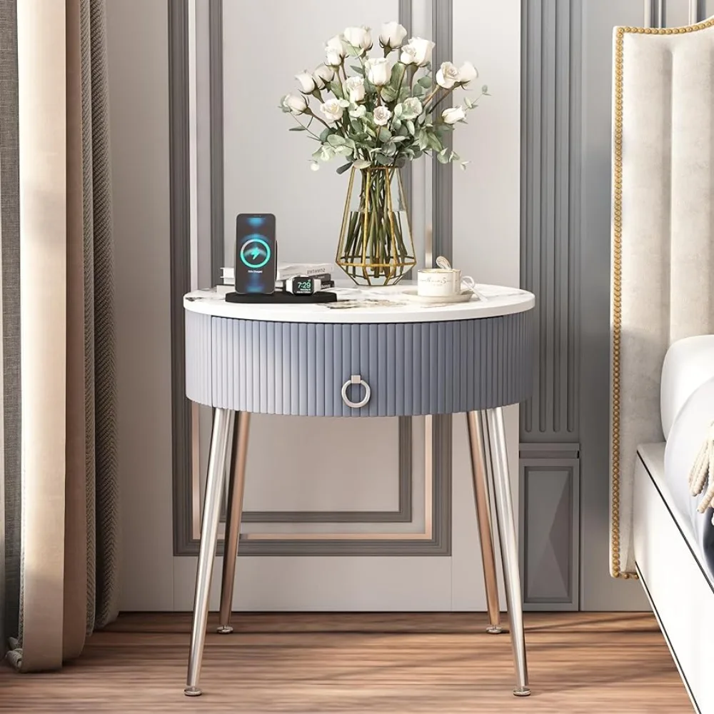 

Nightstands, Round with Drawer, Modern Side Table with Natural Stone Tabletop and Chrome Finish Metal Legs, Nightstands