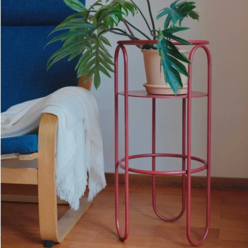 Vintage Red Plant Pot Stand, Indoor Minimalist Storage Shelf, Balcony Wrought Iron Flower Rack, Versatile Scene Decoration