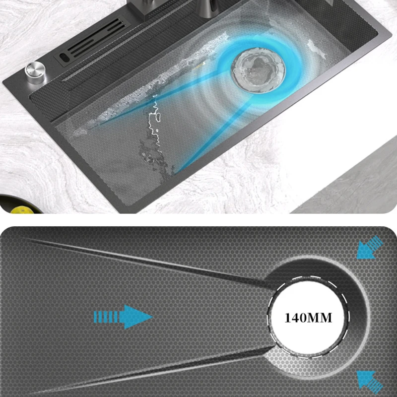 Kitchen Sink Vegetable Wash Basin 304 Stainless Steel Sinks Honeycomb Embossing Treatment Large Single Slot Flying Rain Faucet