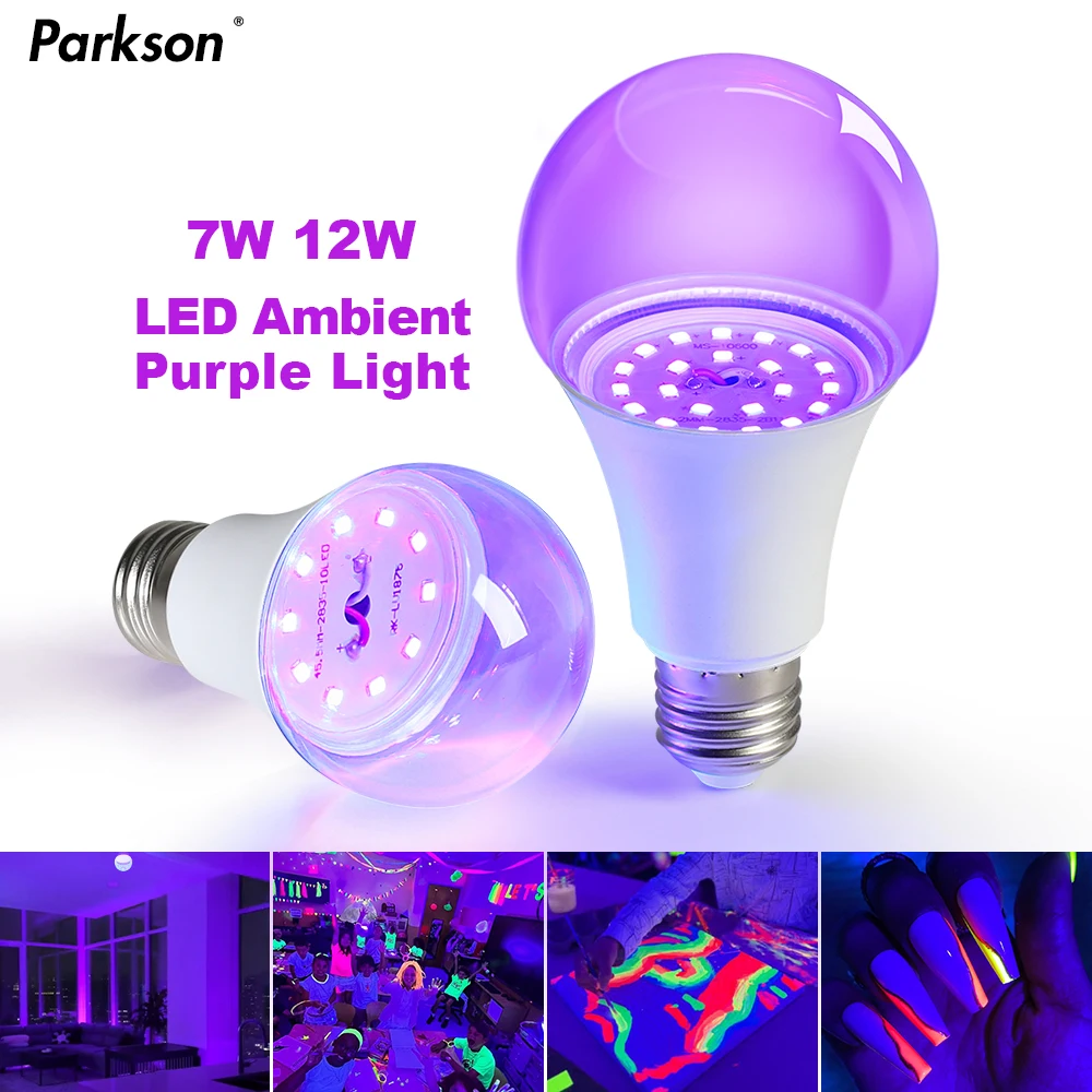 UV Blacklight LED Bulb 7W 12W E27 395nm Ultraviolet Lamp - Black Light Bulb for Party Ghost House Fluorescent Effects AC85-265V