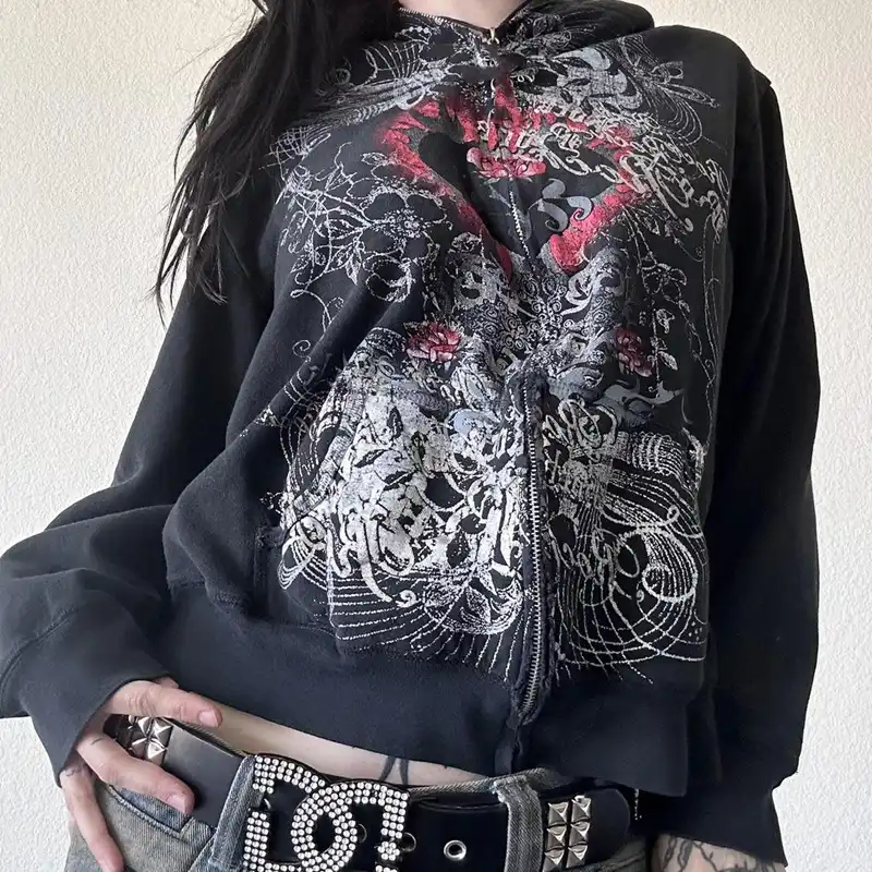 Gothic Heart Print Loose Jacket Autumn Vintage Clothes
