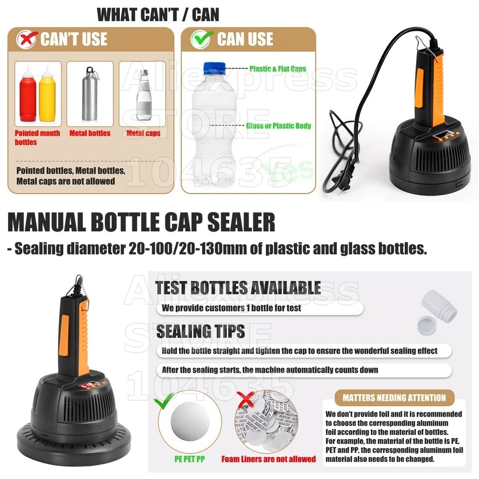 Bottle Cap Sealer Machine - 110V Induction Heat Sealer For Plastic & Glass Bottles 20-100mm