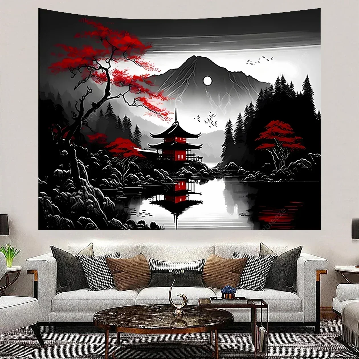 Mountain Forest Tapestry, Black and White Nature Moonlight Wall Hanging, Tree Sunset Dark Tapestries Bedroom Living Room Decor