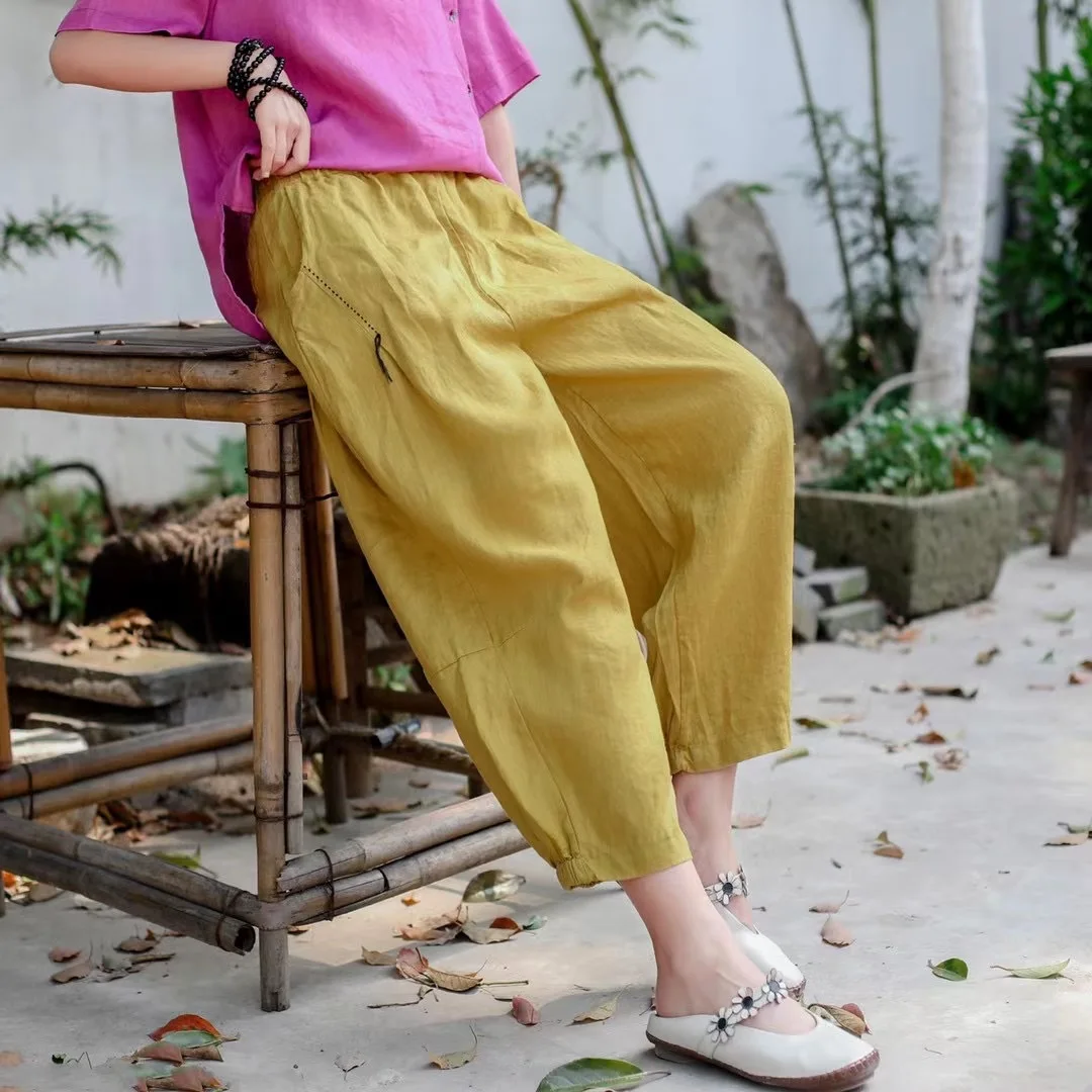 Women Linen Pants Ladies Elastic Waist Flax Pants Female Solid Color Embroidered Linen Trousers Summer Calf Length Pants FT91 denim capris