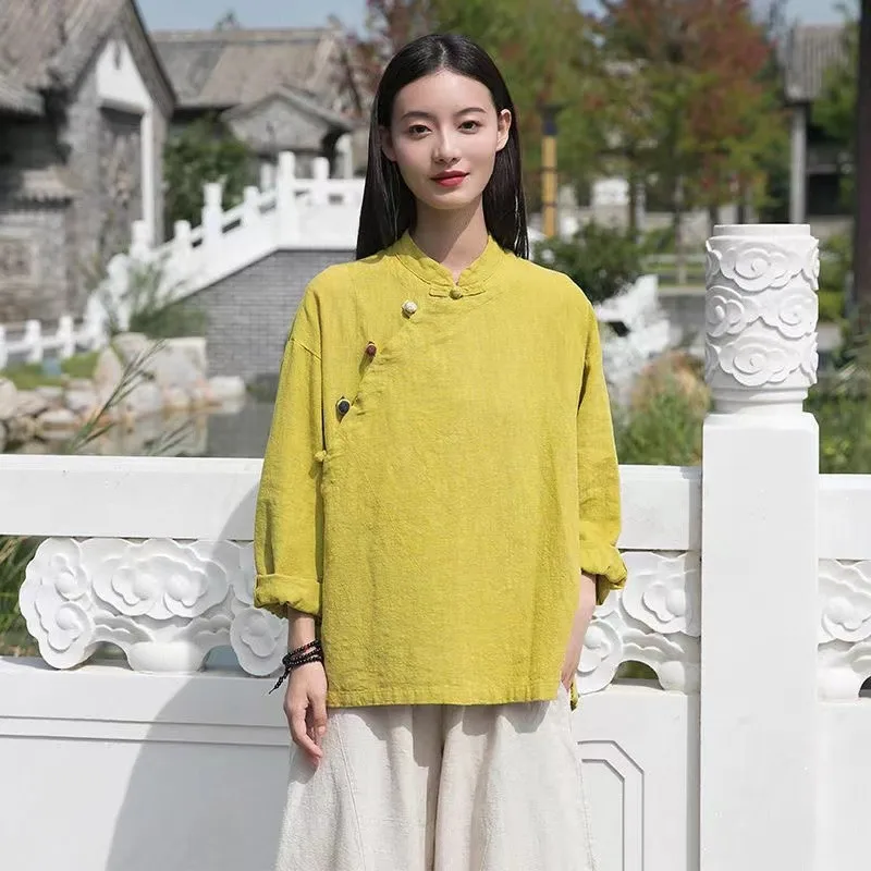 New Chinese Style Women's Tang Suit Traditional Clothes Ethnic Long Sleeve Vintage Top Hanfu Ladies Linen Clothing For Women 2XL