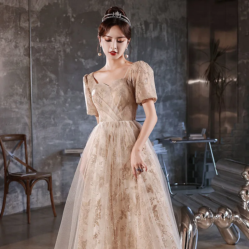 

Banquet Evening Dress Women Summer New Light Luxury Square Collar Puff Sleeve Gowns Elegant Formal Party Host Dresses