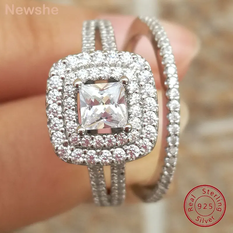 

Newshe Double Halo Princess Cut Wedding Rings Set for Women Solid 925 Sterling Silver AAAAA Zircon Luxury Jewelry