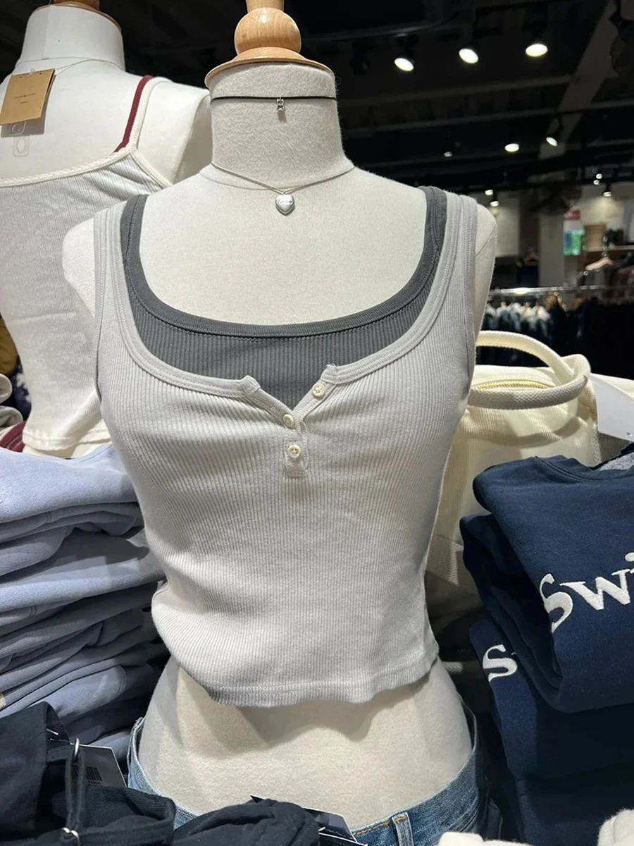 Ribbed Slim Tank Tops Woman Summer Solid Simple Cotton Three Buttons Sleeveless Top Female Casual Vintage Streetwear Y2k Vest