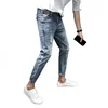 2023 Social and Spiritual Guy, Broken Hole, Beggar Jeans, Male Internet Red, Slim Fit, Casual, Fashion, Small Feet Cropped Pants 1
