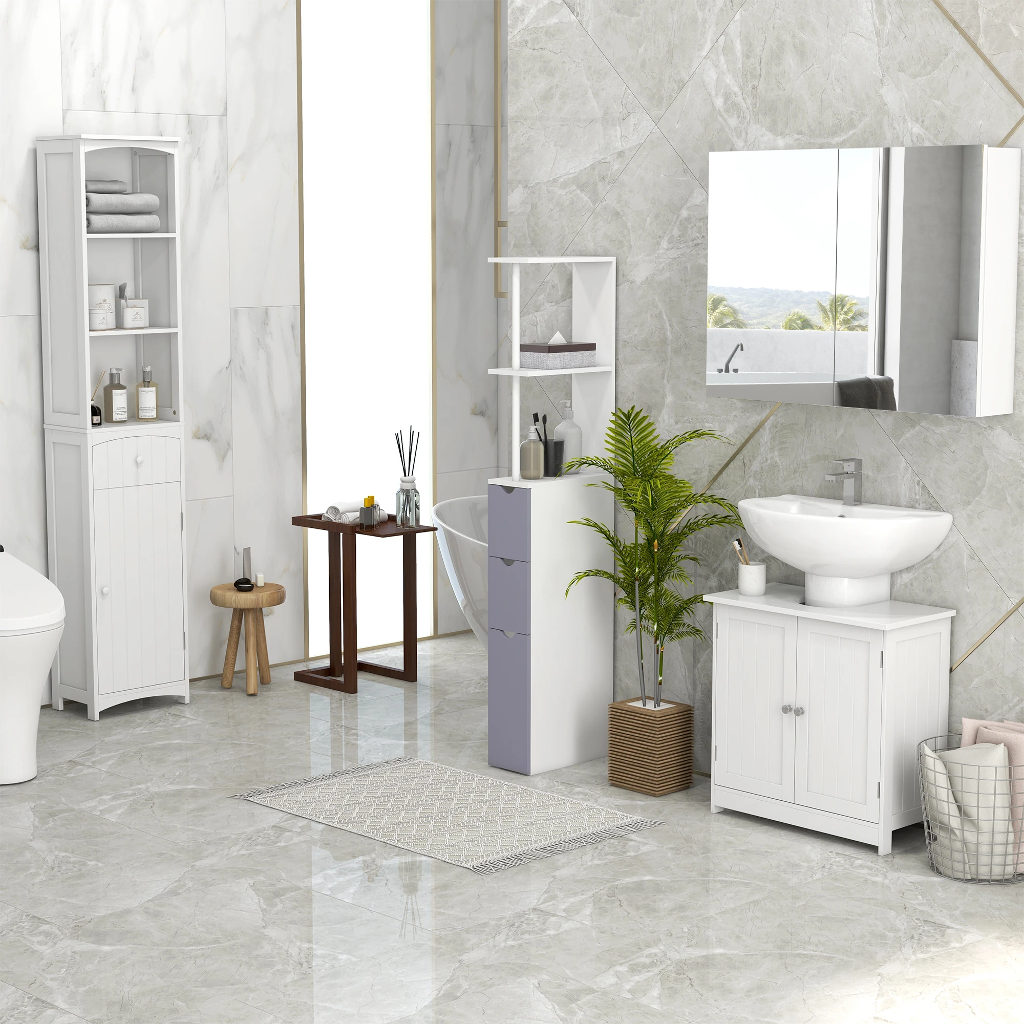 Homcom Bathroom Storage Cabinet, Free Standing Bathroom Storage Unit, Tall Linen Tower with 3-Tier Shelves and Drawer, White 6