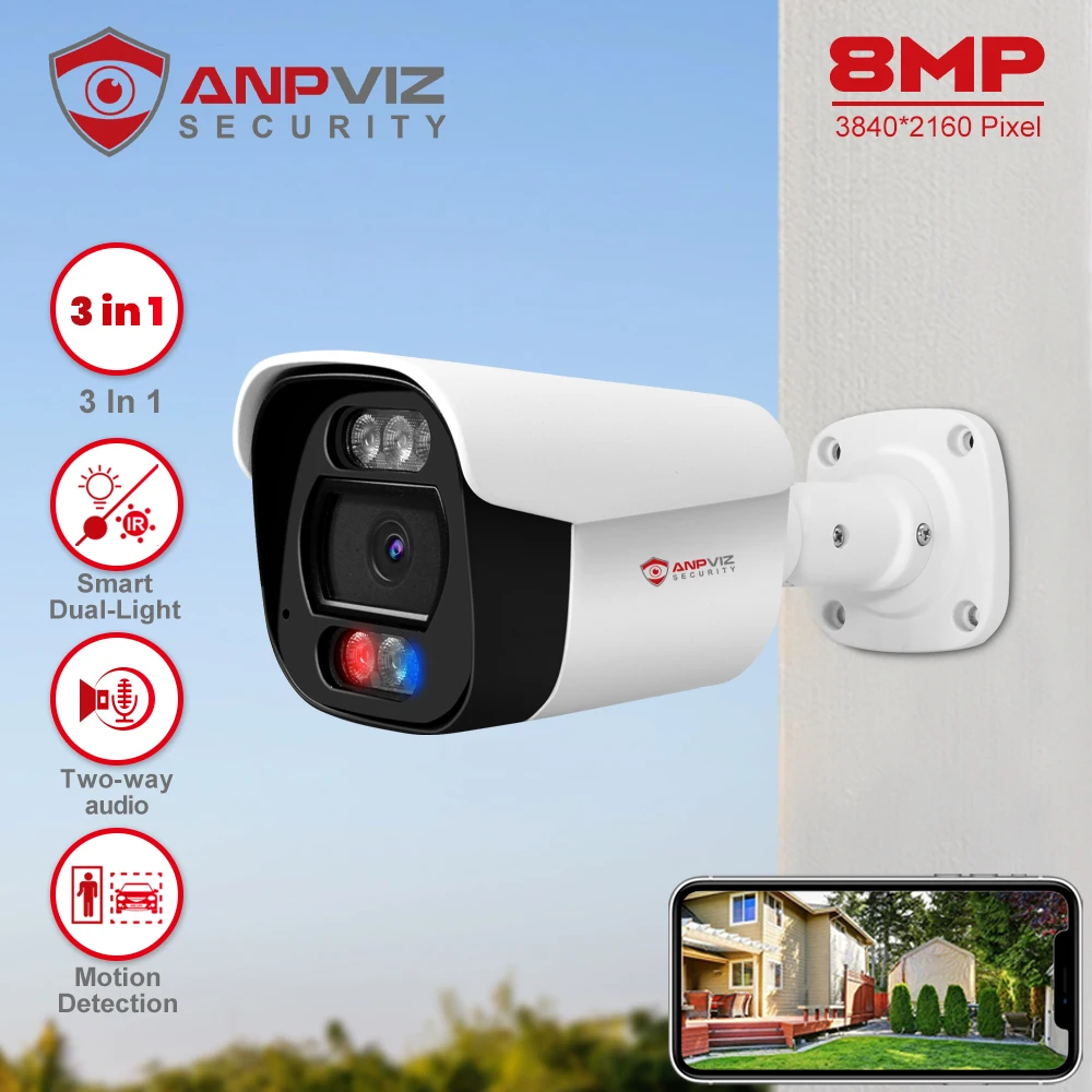 Anpviz 8MP POE IP Turret Camera Smart Dual Light Outdoor ColorVU CCTV Video Surveillance Sound Light Alarm Human/Car Detection