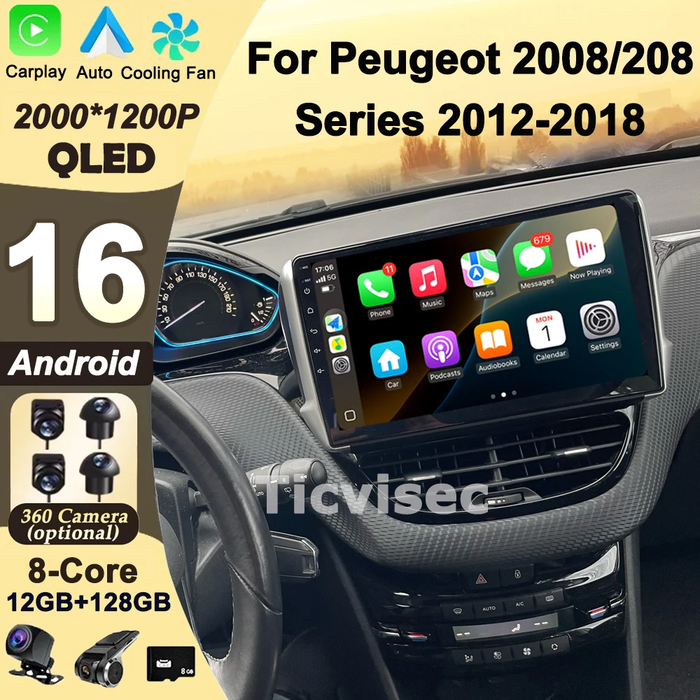 Android 16 Radio de coche 4G + WIFI Carplay para Peugeot 2008 208 2012-2018 unidad principal de navegación Multimedia reproductor de Audio Gps para automóvil 1