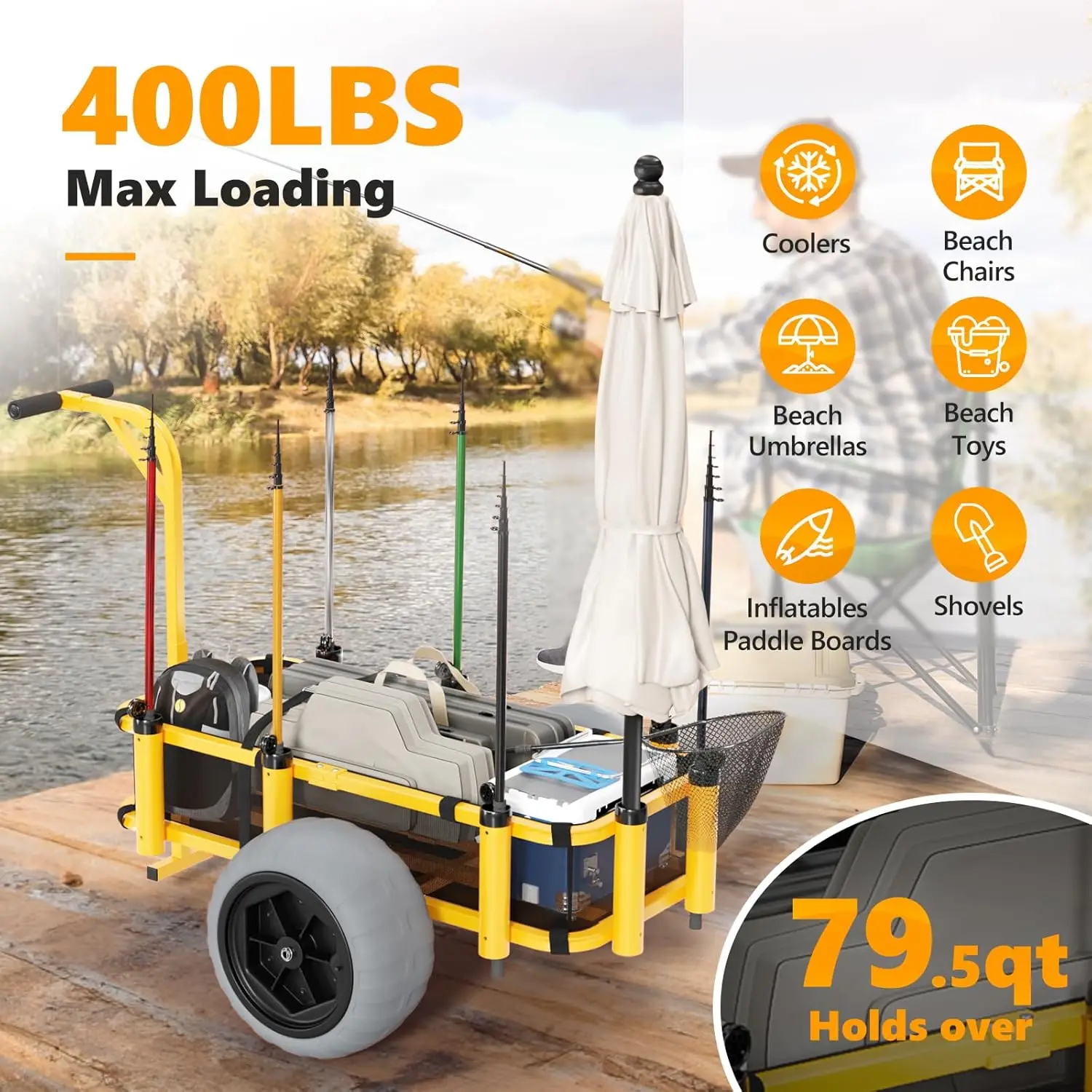 Bonnlo Beach Fishing Cart, Beach Wagon Trolley with 16" Big Balloon Wheels for Sand, Foldable Trailer with Large Cargo