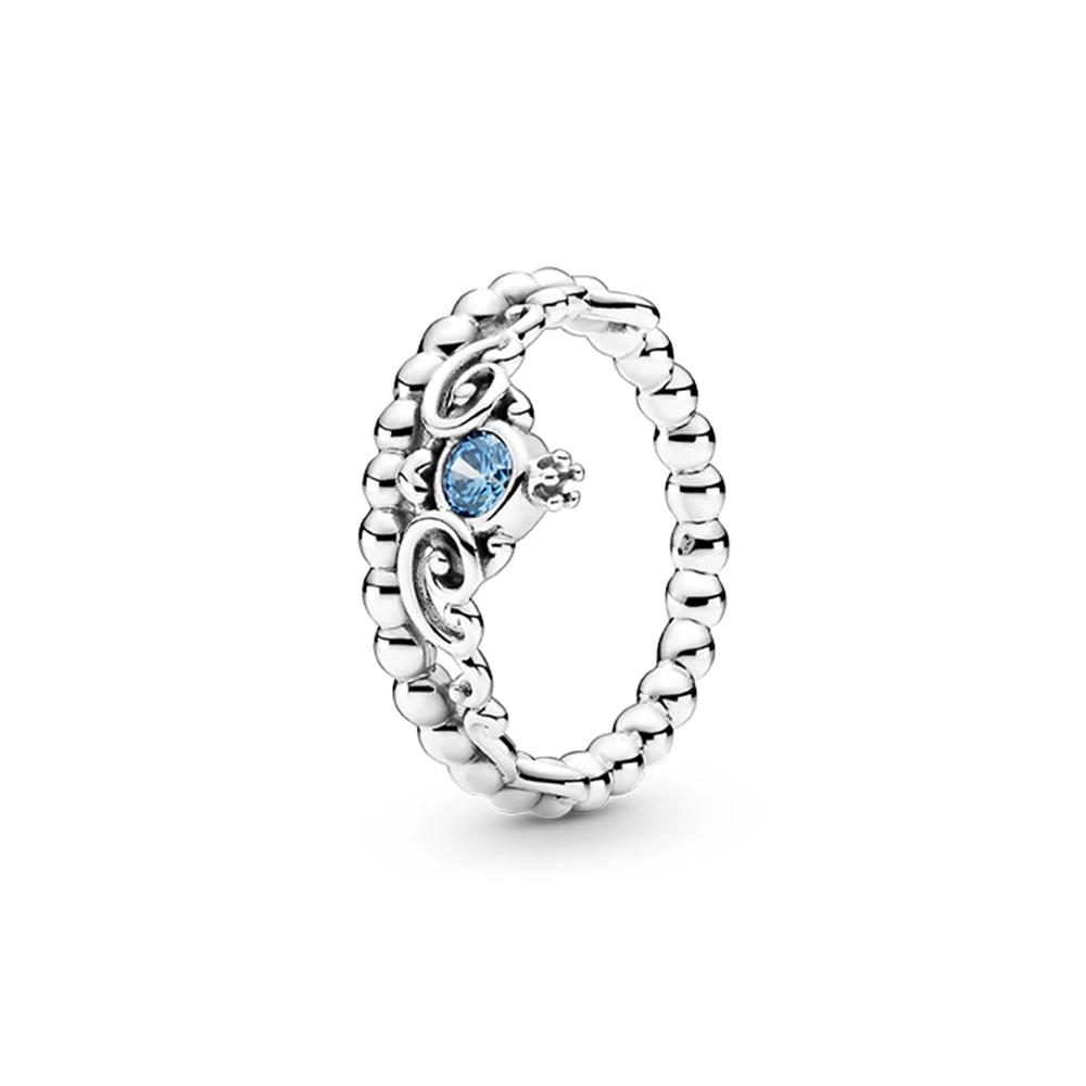 Pandora Cinderella Blue Tiara Ring 925 Silver Women's Trendy Retro Literary Style Jewelry Dreamy