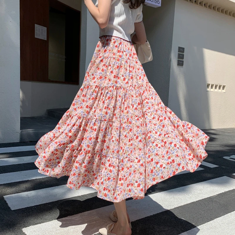 Spring Floral Printed Boho Aline Long Chiffon Skirts Chic Patchwork