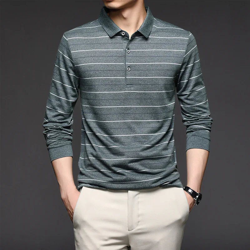 

New Men's POLO T-shirts Autumn Leisure Long Sleeve Lapel Striped Bottom Shirt Tops Roupas Masculinas Camisetas High-end Tees