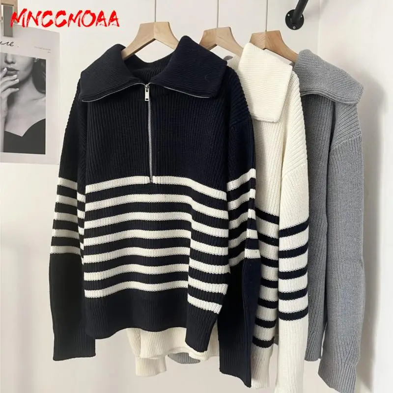 

MNCCMOAA High Quality 2024 Autumn Winter Women Fashion Loose Striped Knit Sweater Female Casual Zipper Long Sleeve Top Pullovers