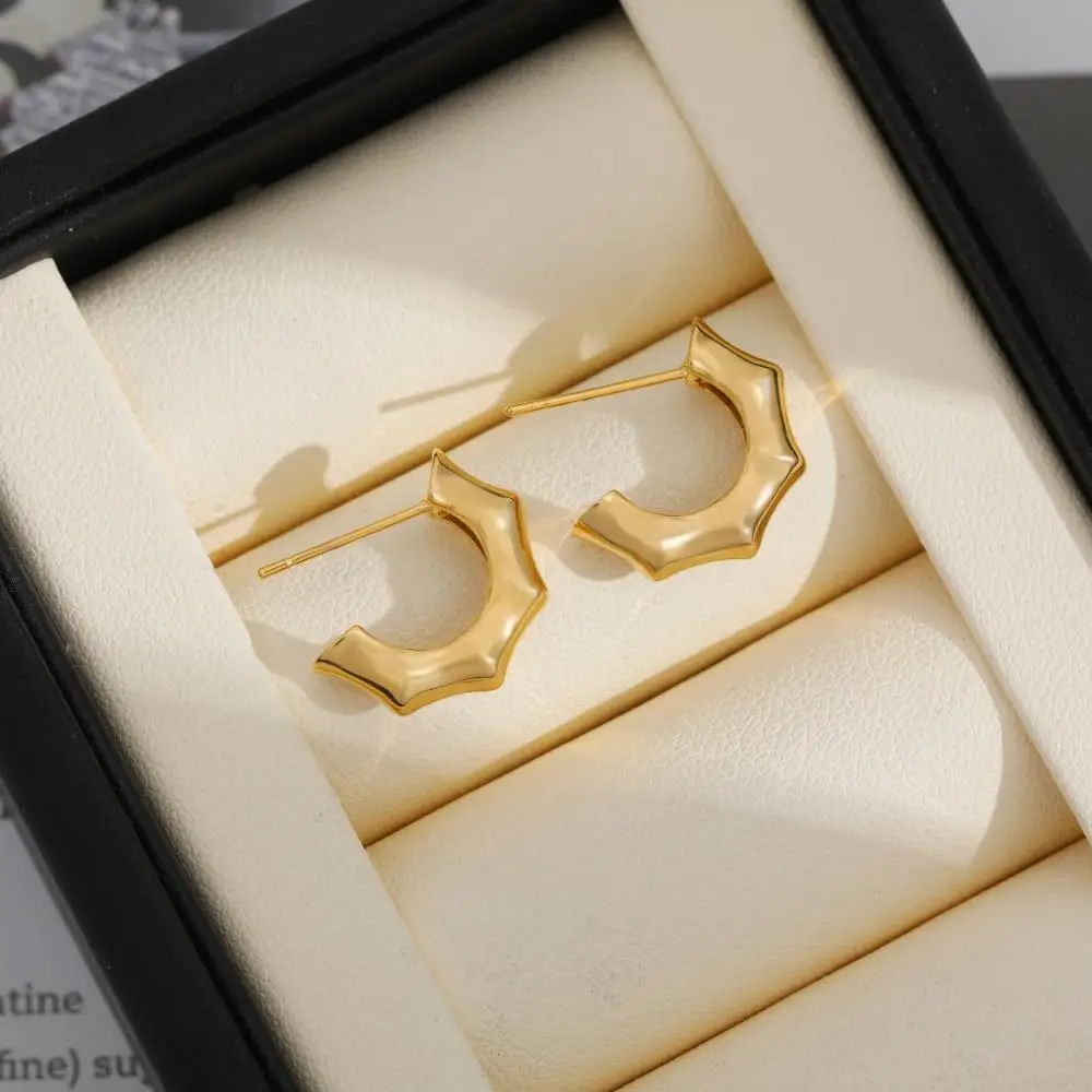 18K Gold Plated Round Bamboo Earrings Hooks Designer Style Circle Huggie Hoop Earring Stainless Steel Vintage Jewelry Party Gift