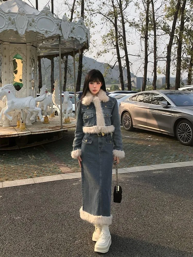 Mini Skirt Outfit Denim Set Skirt And Jacket Trendy Denim 2-Piece