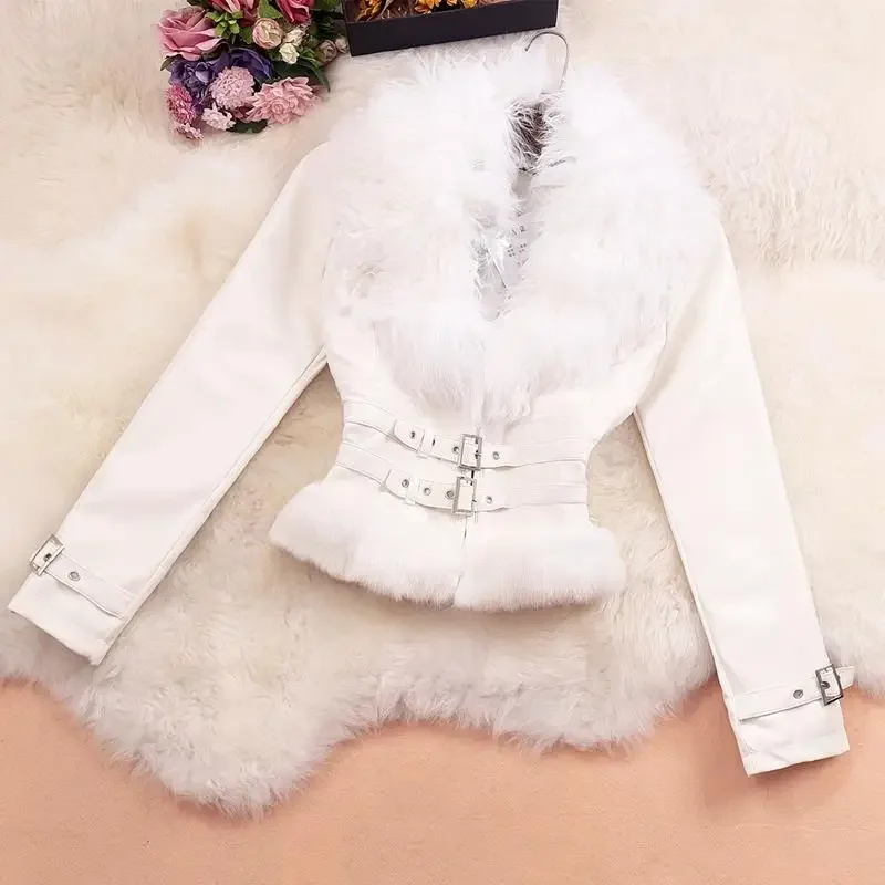 

New Warm Parka Korean Pleated Jacket Autumn And Winter Slimming Lamb Fleece Lapel Leather Coat Clip Waist Short Coat Women