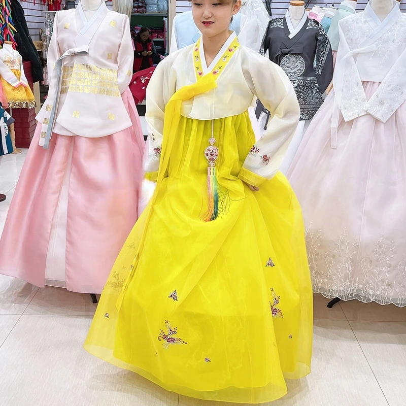 Hanbok Dress Applique National Traditional Formal Dress Hanbok Banquet Celebration Outfit Light Yellow Top and Yellow Skirt