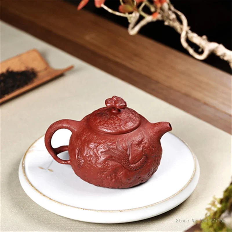Yixing Purple Clay Pot Handmade Teapot, Dragon Pattern, Handmade Kongfu Tea Pot, New Chinese Original Mine Dahongpao, 220cc, 1Pc