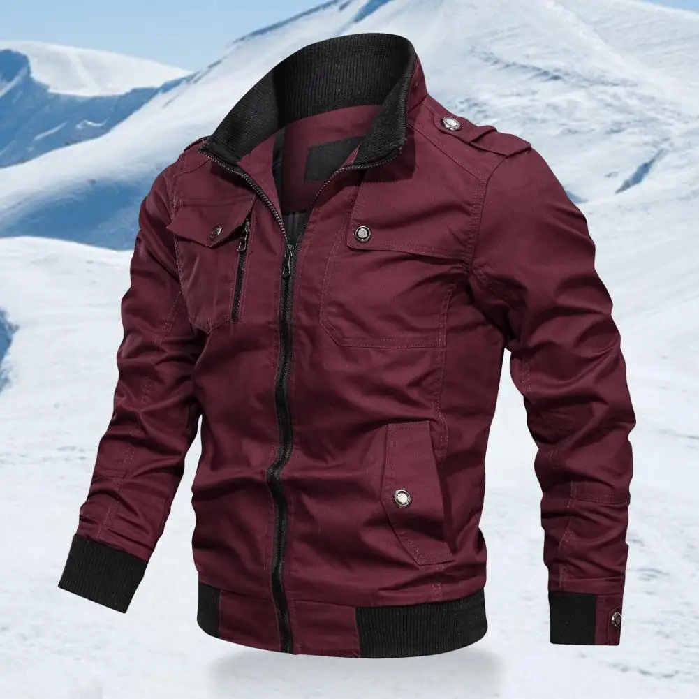 

Zipper Fly Men Jacket Versatile Men's Windbreaker Jacket with Stand Collar Multiple Pockets Elastic Hem Stylish Autumn Winter