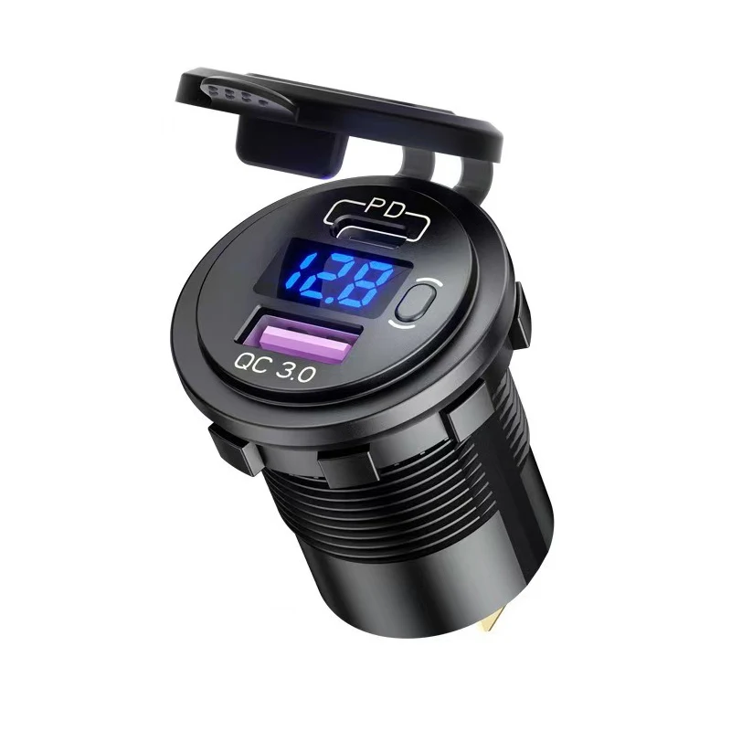 Dual USB C Car Charger with LED Voltmeter and On/Off Switch