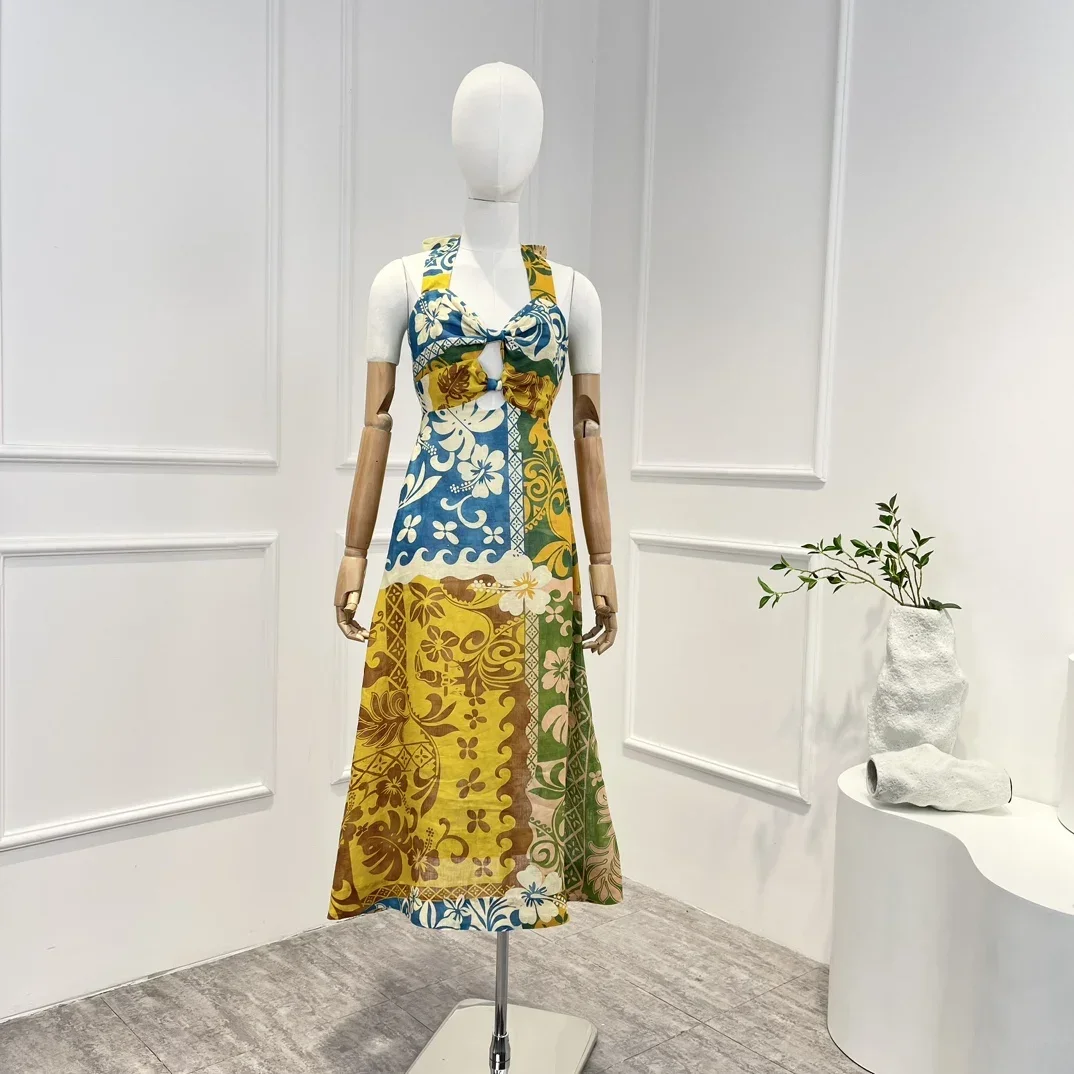 

New Spring Summer Linen 2023 Top Quality Vintage Sexy Bow Tie Floral Printing Backless Lace-up Woman Midi Dress