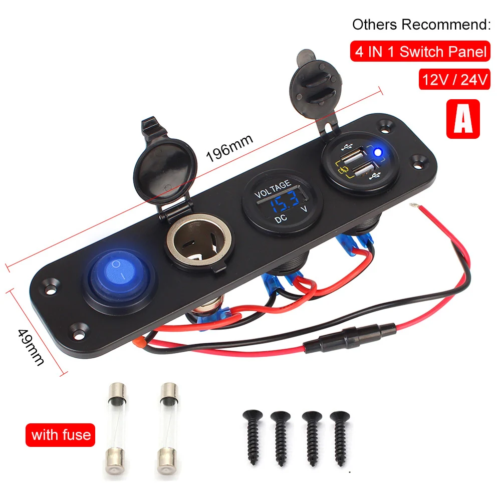 Etrogo Pannello Di Controllo 4 In 1 Impermeabile 12V/24V – Con Presa USB QC3.0, Accendisigari, Voltmetro LED, Interruttore ON/OFF Per Camper E Barca