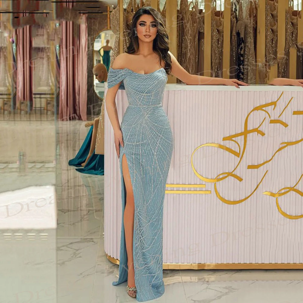 

Elegant Light Blue Mermaid Beautiful Evening Dresses One Shoulder High Split Exquisite Prom Gowns Custom Made Vestidos De Fiesta