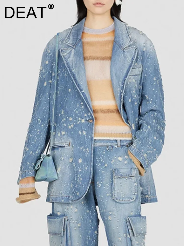 

DEAT Fashion Women's Denim Coat Notched Collar Single Button Irregular Wash Hole Wear Loose Blue Jackets Spring 2024 New 7AB765