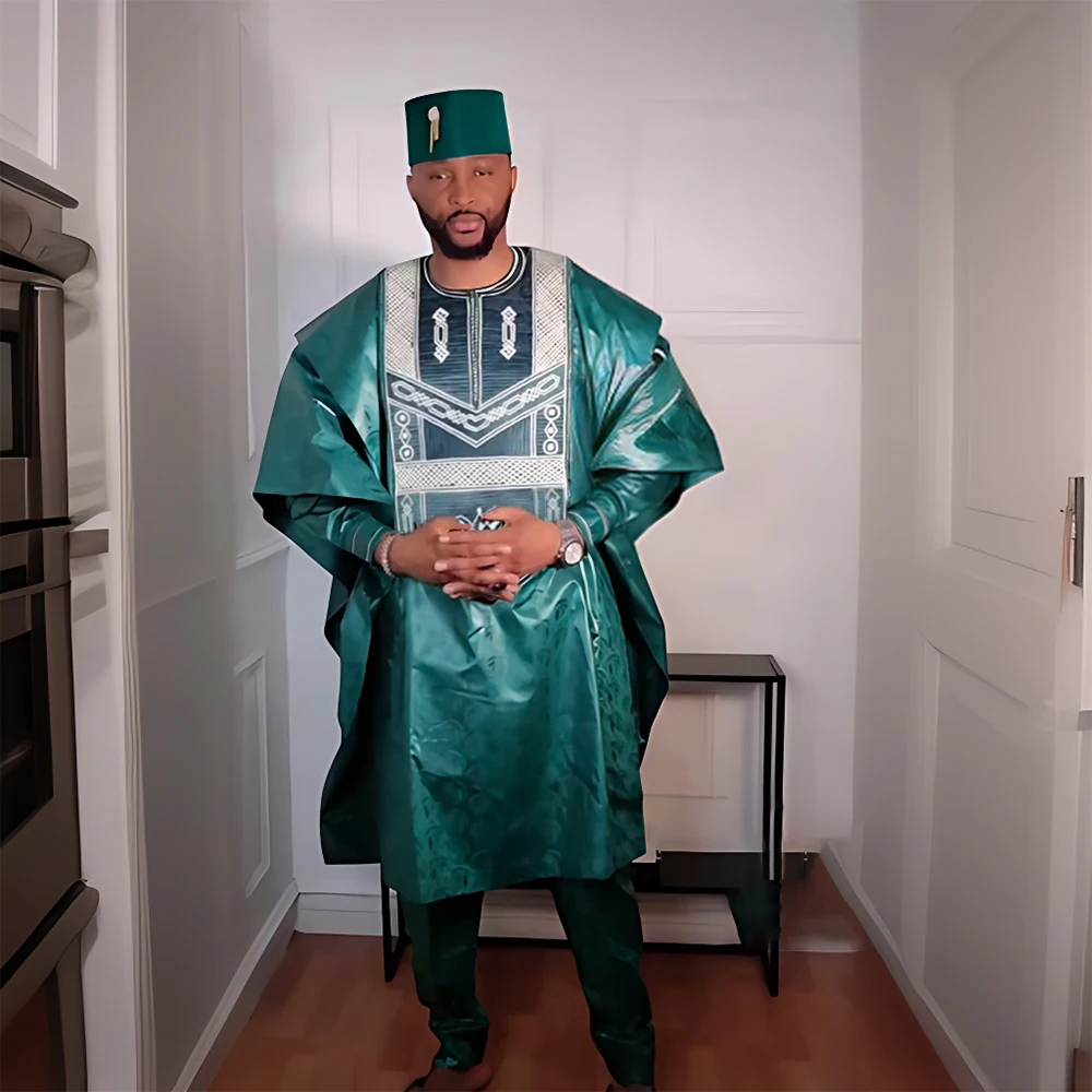 H&D South African Traditional Wear Formal Attire Bazin Riche Dashiki Outfits Green Shirt Pants Robe Suit Agbada Ramadan