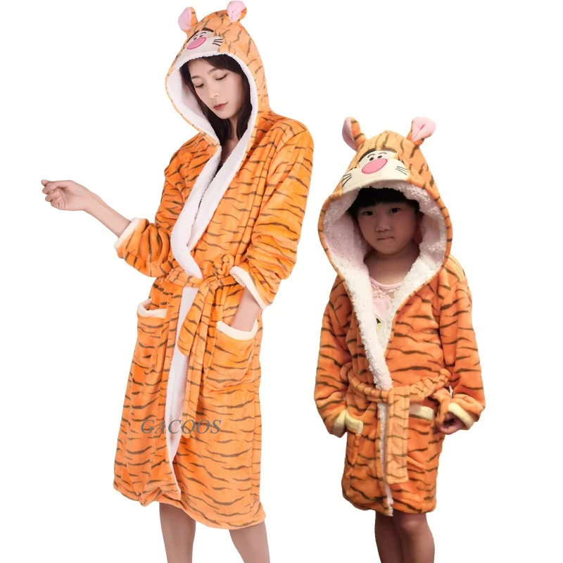Kids Winter Flannel Bathrobes Cartoon Long Robe Unicorn Robes Pajamas Adult Dressing Gown Boys Girls Animal Sleepwear Bath Suit