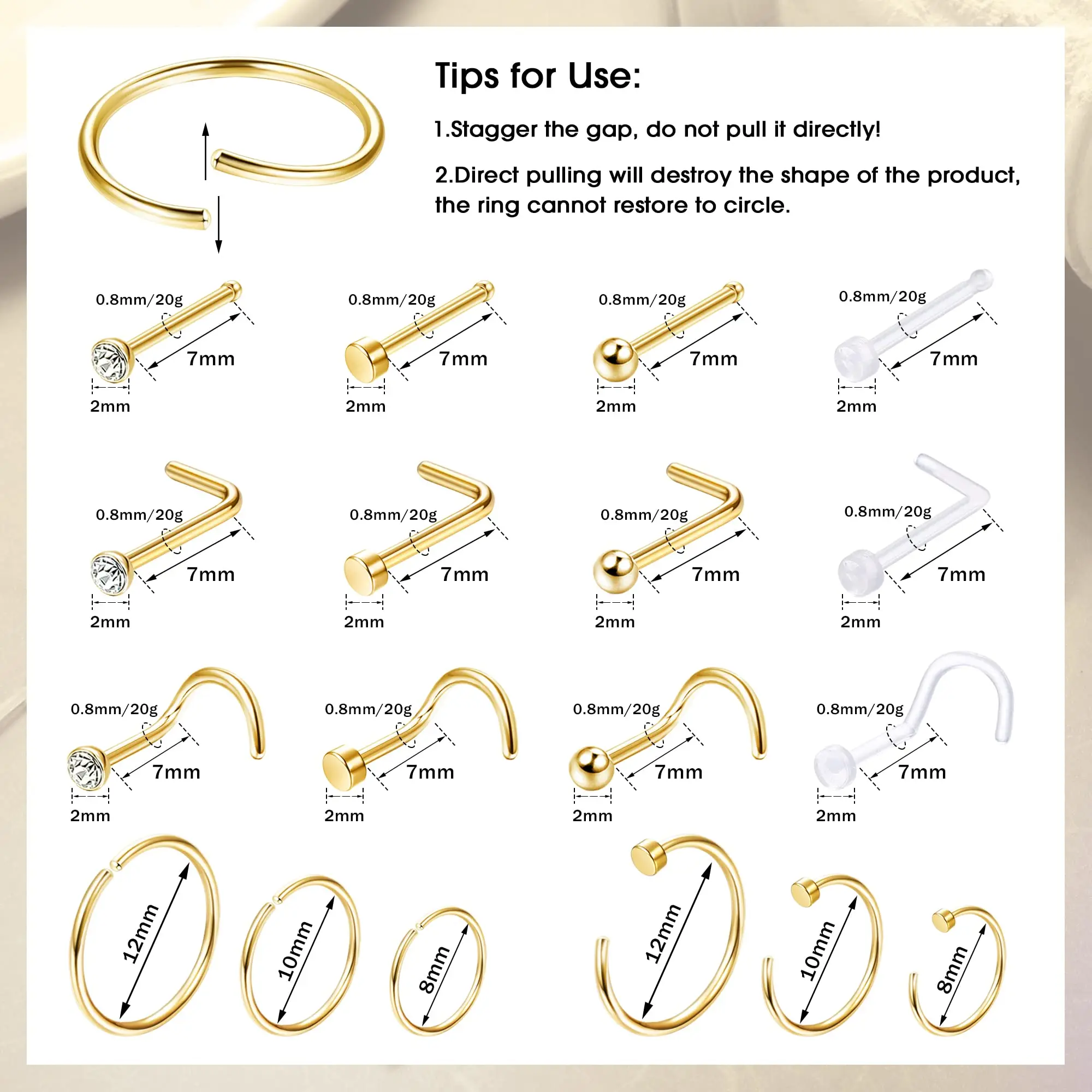 Nose Rings Piercing Jewelry Nose Studs Body Piercing Jewelry Body Jewelry 1PCS/18PCS Hypoallergenic Nose Ring Studs for Sensitive Skin 20G Hoops for Women Men 2mm Small Titanium Nose Piercing Jewelry