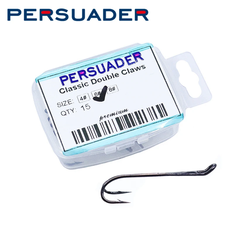 

Persuader 3 optional sizes 15pcs/box lengthened shank salmon double hooks 4#6#8# black painted double claws fly tying hooks