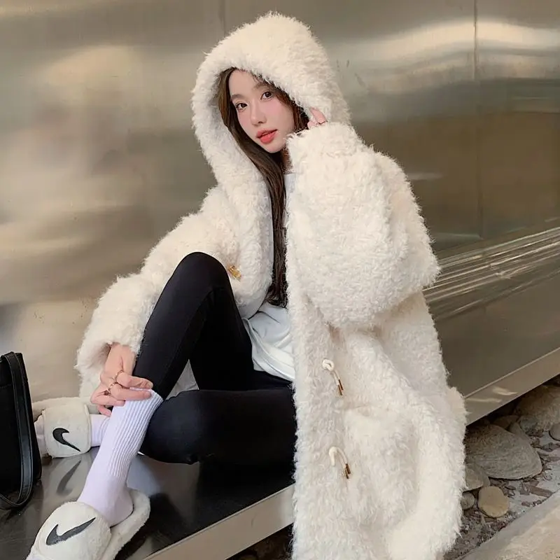 Women's Long Faux Fur Hooded Coat, Faux Fur Outwear, Horn Button, Long, Below the Knee, Casual, Thick, Warm, Winter Fashion