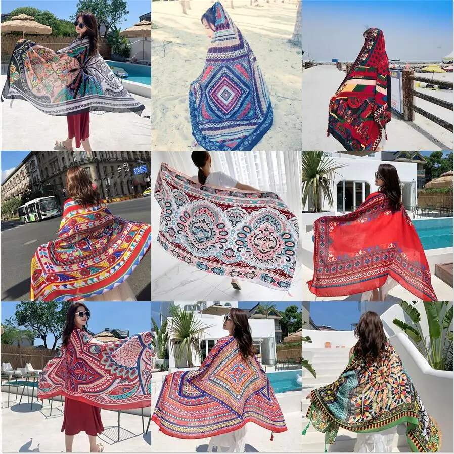 

90x180cm 9 Styles Print Bohemian Suncare Beach Dress Bikini Sarong Wrap Scarf Long Women Brazilian Swimsuit Bathing Cover-ups