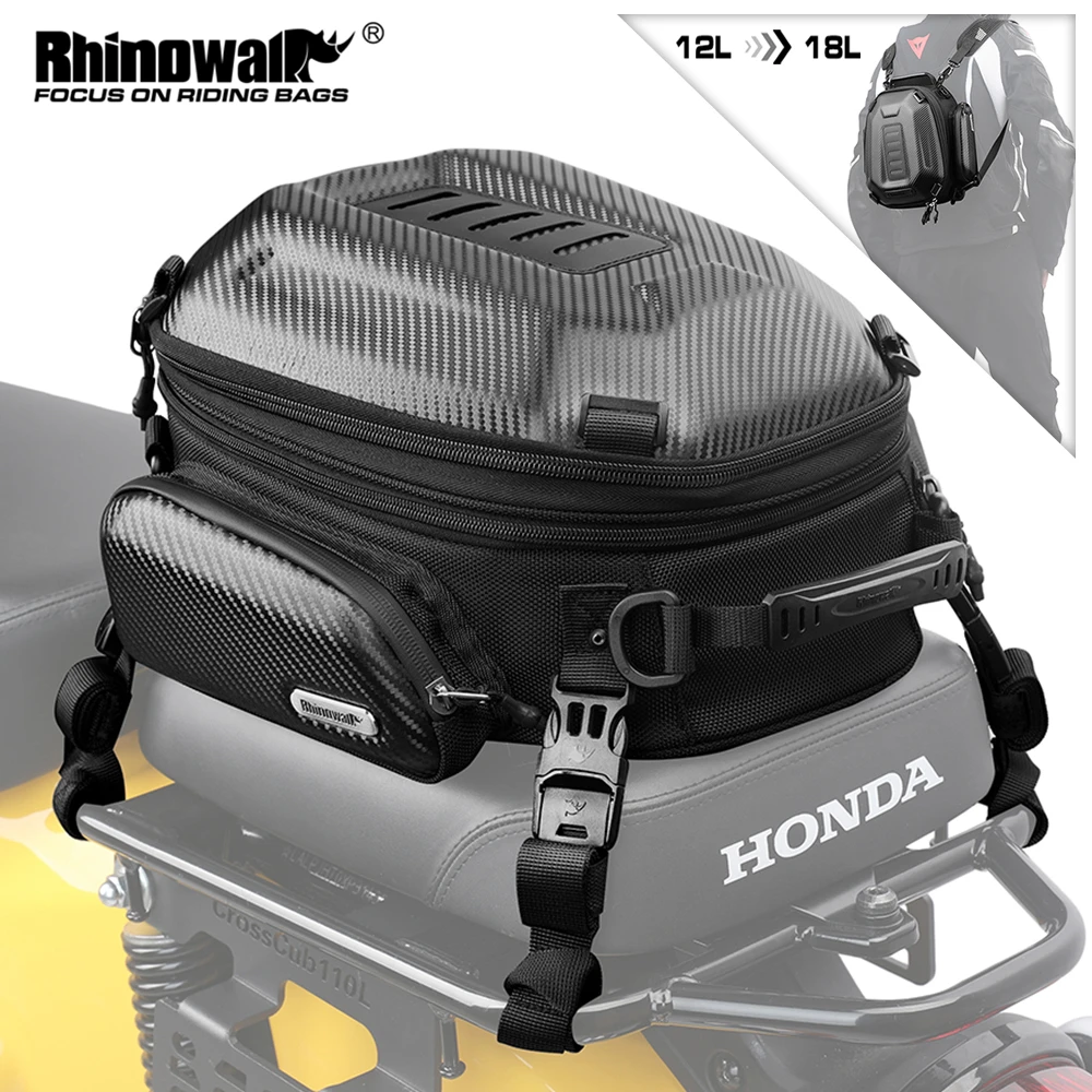 

Rhinowalk Motorcycle Tail Bag 12-18L Expandable Motor Back Seat Bag Big Capacity Hardshell Motor Trunk Riding Traveling Backpack