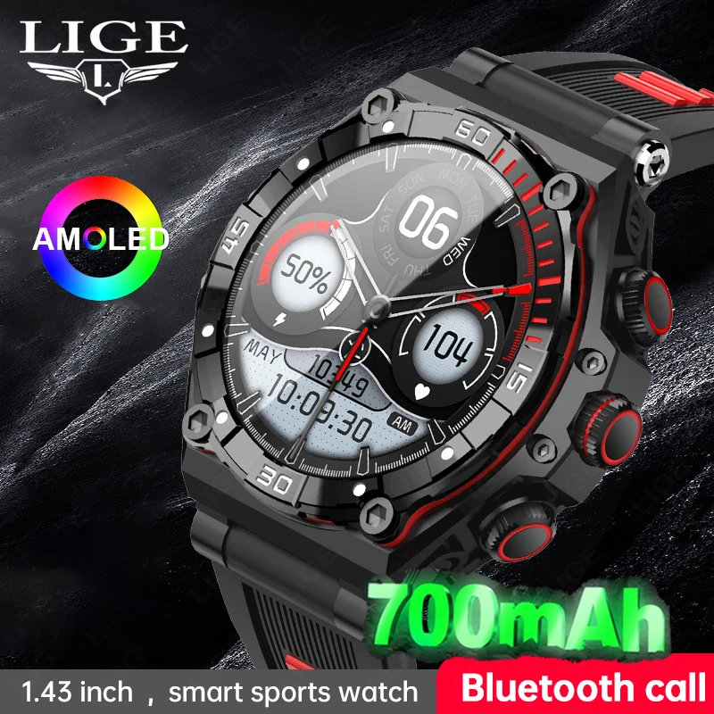 

LIGE 1,43-дюймовые AMOLED Смарт-часы для мужчин 700 мАч Большая батарея Bluetooth Звонок Смарт-браслет Супер Спорт Монитор здоровья Смарт-часы