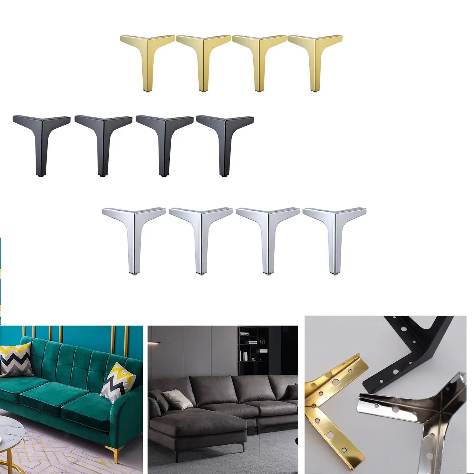 Metal Furniture Legs Sofa Loveseat Chair Sectional - 4pcs Black/Gold/Chrome