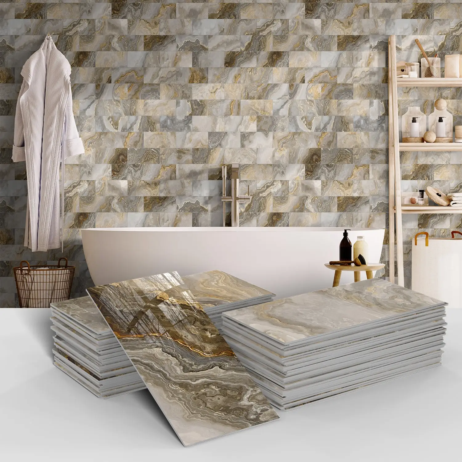 thumbnail image 1 of Adhesivo de pared con diseño de mármol, 16/32 unidades, adhesivo de pared despegable y pegable, adhesivo decorativo impermeable para el hogar, 1 of 5
