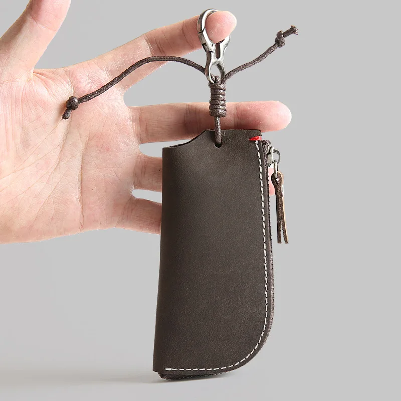 Crazy Horse Leather Casual Zipper Key Case Men's Waist Hanging Genuine Top Cowhide Coin Purse Car Multi-function Keychain
