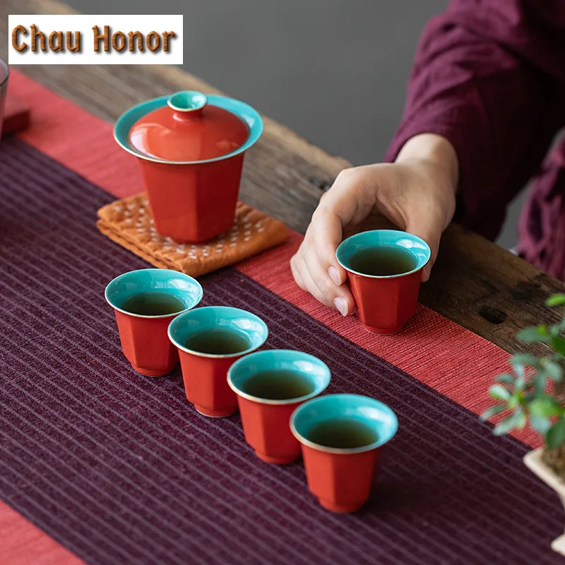 2pc/set Handmade Palace Red Glaze Ceramic Teacup Household Small Tea Tasting Cup Kung Fu Teaset Puer Master Cup Hexagon Cup 25ml