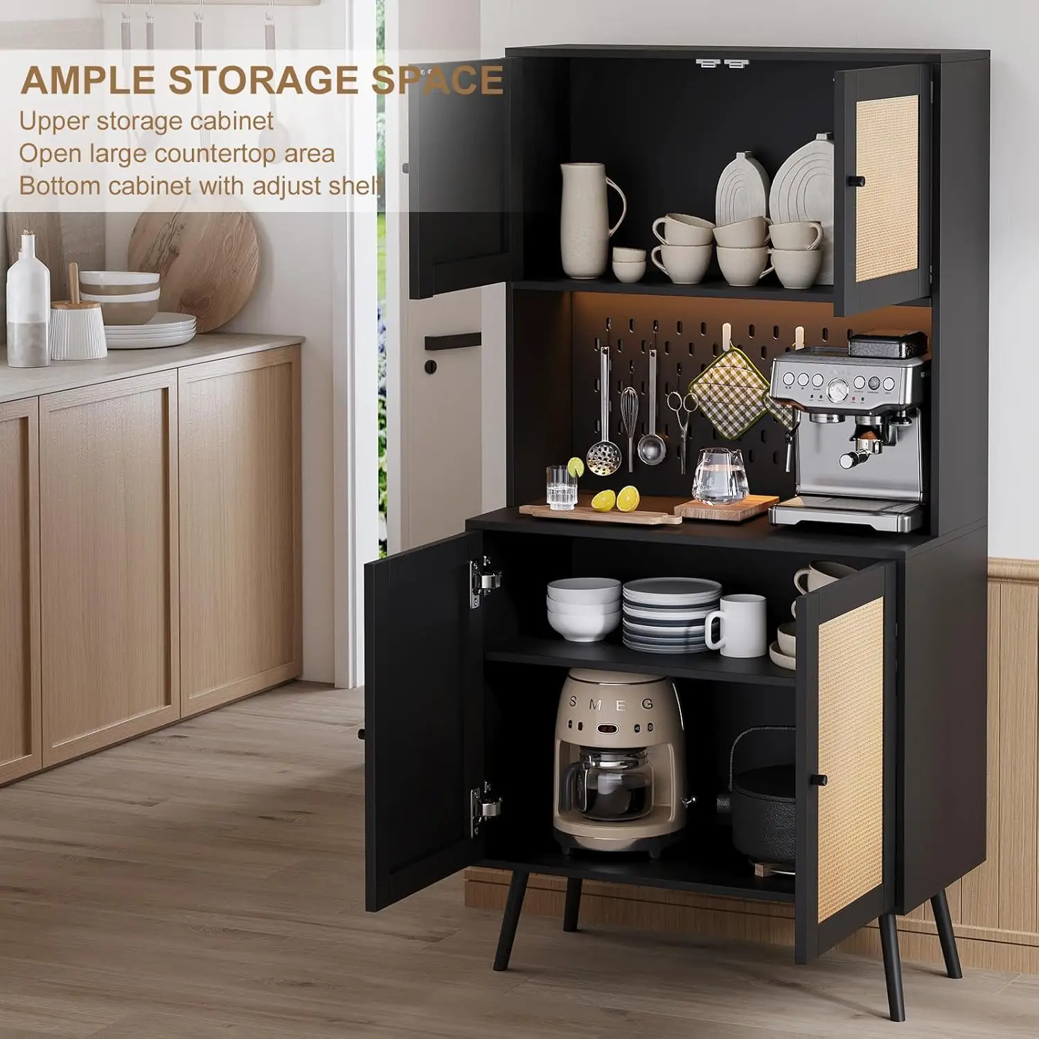 Rattan Kitchen Pantry Storage Cabinet with Power Outlets, LED Lights, Pegboard - 62.6" Tall Hutch Sideboard Buffet Cabinet, 3